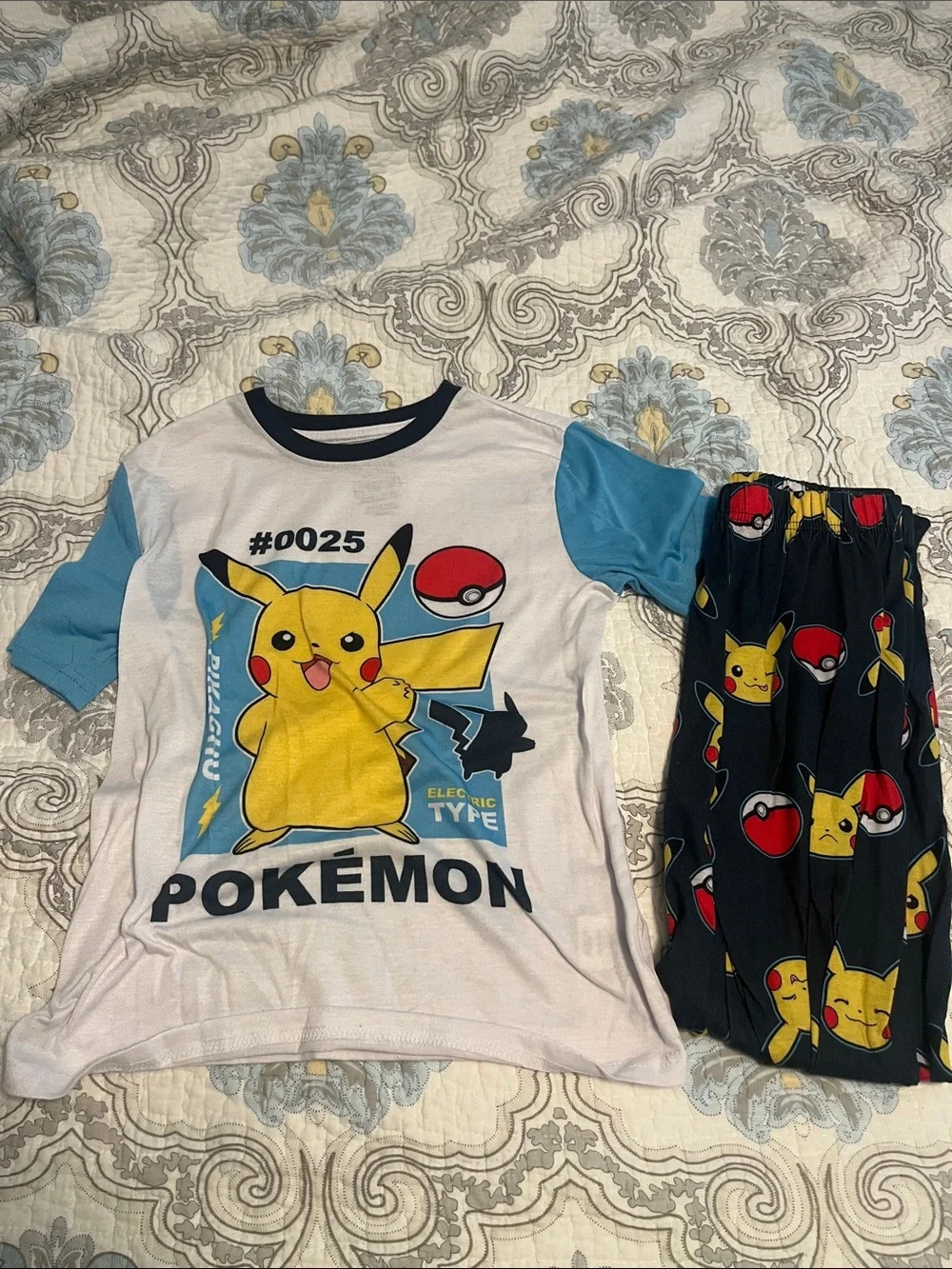 Pikachu Kids Pajama Set - White & Blue